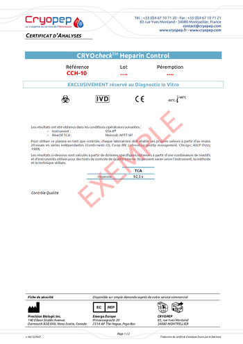 Certificat d'analyses CRYOcheck™ Heparin Control 